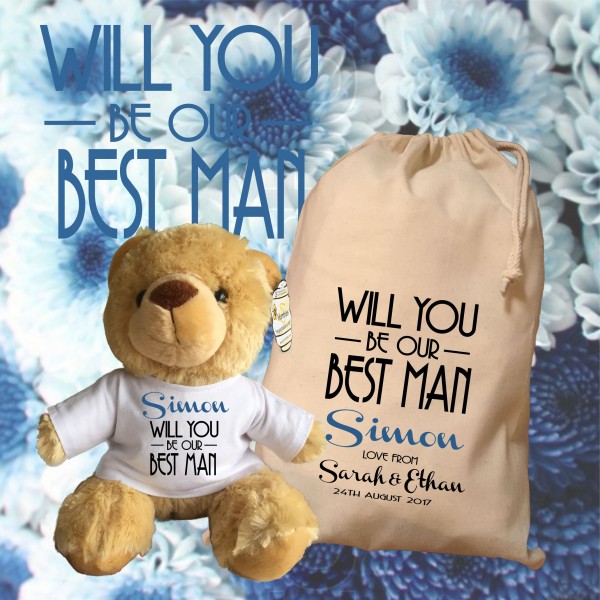 Personalised Best Man Teddy Bear With Matching Gift Bag - Simon Design - Wedding Favour, Wedding Gift